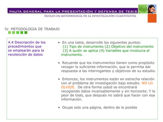 IV. METODOLOGIA DE TRABAJO 4.4 Descripción de los procedimientos que  se emplearán para la recolección de datos •  En una tabla, desarrolle los siguientes puntos: (1) Tipo de instrumento (2) Objetivo del instrumento  (3) A quién se aplica (4) Variables que involucra el instrumento. •  Recuerde que los instrumentos tienen como propósito recoger la suficiente información, que le permita dar respuesta a las interrogantes y objetivos de su estudio. •  Entonces, los instrumentos están en estrecha relación con el problema de investigación bajo estudio.  NO LO OLVIDE.   De otra forma usted se encontrará recogiendo datos incansablemente y sin horizonte. Y lo peor de todo, que después no sabrá que hacer con esa información. •  Ocupe solo una página, dentro de lo posible 