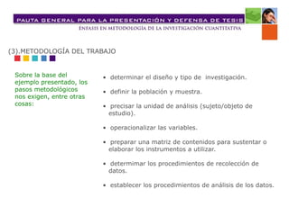 • determinar el diseño y tipo de investigación.
• definir la población y muestra.
• precisar la unidad de análisis (sujeto/objeto de
estudio).
• operacionalizar las variables.
• preparar una matriz de contenidos para sustentar o
elaborar los instrumentos a utilizar.
• determimar los procedimientos de recolección de
datos.
• establecer los procedimientos de análisis de los datos.
(3).METODOLOGÍA DEL TRABAJO
Sobre la base del
ejemplo presentado, los
pasos metodológicos
nos exigen, entre otras
cosas:
 