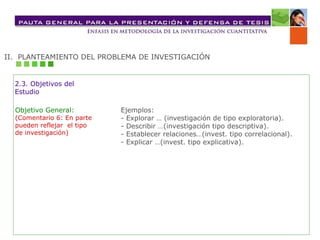 II. PLANTEAMIENTO DEL PROBLEMA DE INVESTIGACIÓN
Ejemplos:
- Explorar … (investigación de tipo exploratoria).
- Describir …(investigación tipo descriptiva).
- Establecer relaciones…(invest. tipo correlacional).
- Explicar …(invest. tipo explicativa).
2.3. Objetivos del
Estudio
Objetivo General:
(Comentario 6: En parte
pueden reflejar el tipo
de investigación)
 