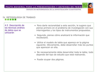 IV. METODOLOGIA DE TRABAJO
4.5 Descripción de
las técnicas análisis
de datos que se
utilizarán
• Para darle racionalidad a esta sección, le sugiero que
piense primero en el problema de investigación con sus
interrogantes y los tipos de instrumentos propuestos.
• Segundo, piense cómo analizará la información que
recolectará.
• Utilice el modelo de tabla que aparece en la página
siguiente. Obviamente, debe desarrollar más los puntos
que aparecen en ella.
• No necesariamente debe desarrollar toda la tabla; todo
depende del tipo de estudio que está realizando.
• Puede ocupar dos páginas.
 