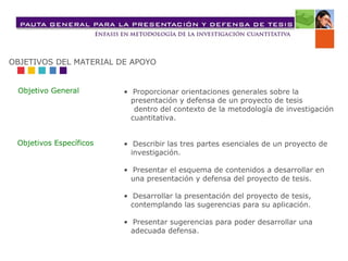 • Proporcionar orientaciones generales sobre la
presentación y defensa de un proyecto de tesis
dentro del contexto de la metodología de investigación
cuantitativa.
• Describir las tres partes esenciales de un proyecto de
investigación.
• Presentar el esquema de contenidos a desarrollar en
una presentación y defensa del proyecto de tesis.
• Desarrollar la presentación del proyecto de tesis,
contemplando las sugerencias para su aplicación.
• Presentar sugerencias para poder desarrollar una
adecuada defensa.
OBJETIVOS DEL MATERIAL DE APOYO
Objetivo General
Objetivos Específicos
 