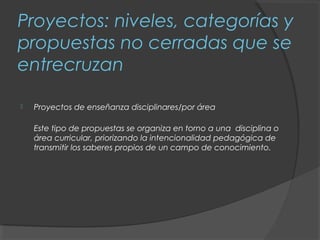 Proyectos: niveles, categorías y
propuestas no cerradas que se
entrecruzan

   Proyectos de enseñanza disciplinares/por área

    Este tipo de propuestas se organiza en torno a una disciplina o
    área curricular, priorizando la intencionalidad pedagógica de
    transmitir los saberes propios de un campo de conocimiento.
 