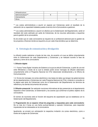 16
** Los costos administrativos a asumir en especie por Colciencias serán el resultado de la
valoración de su capacidad instalada puesta al servicio de la Convocatoria a gestionar.
*** Los costos administrativos a asumir en efectivo por la Gobernación del Departamento, serán el
resultado del costo estimado por parte de Colciencias, de los recursos adicionales a requerirse
para la gestión de la convocatoria.
Es de anotar que en cada convocatoria se requiere de un profesional adicional para la gestión de
los proyectos a financiar donde se requerirá uno por cada línea temática que se determine.
8. Estrategia de comunicación y divulgación
La difusión puede realizarse a través de tres vías, de acuerdo a lo que se defina conjuntamente
entre la Gobernación de cada Departamento y Colciencias y se realizará durante la fase de
apertura y cierre de la convocatoria:
1. Difusión digital:
1.1. Fuerza Tarea Digital: Iniciativa de Gobierno a la que se articuló Colciencias, a partir de una red
entre Ministerios a través de la cual la entidad podrá enviar mensajes de difusión elaborados
conjuntamente entre el Programa Nacional de CTeI relacionado temáticamente y la Oficina de
Comunicaciones.
1.2. Envíos de mensajes vía correo electrónico a las bases de datos que tengan las gobernaciones
de los departamentos y Colciencias (en cada Programa Nacional de CTeI), invitando a consultar en
la página web tanto de Colciencias como de la Gobernación del Departamento los términos de
referencia y los demás documentos del proceso.
2. Difusión presencial: Se realizarán reuniones informativas de tipo presencial en el departamento
respectivo entre Colciencias, la Gobernación y los actores que conforman el público objetivo de la
convocatoria.
El número de reuniones está en función del esquema de capacitación que se establezca con la
Gobernación del Departamento.
3. Programación de un espacio virtual de preguntas y respuestas para cada convocatoria:
De no más de 2 horas en una fecha puntual liderado y operado Colciencias, para responder
inquietudes de los interesados en la convocatoria.
Igualmente, se enviará con anticipación la respectiva invitación vía correo electrónico, como a
través de la página de Colciencias.
infraestructura
Administrativos** X X
Interventoría
Otros X
 