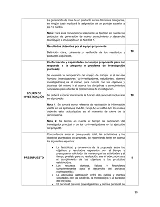 39
La generación de más de un producto en las diferentes categorías,
en ningún caso implicará la asignación de un puntaje superior a
los 15 puntos.
Nota: Para esta convocatoria solamente se tendrán en cuenta los
productos de generación de nuevo conocimiento y desarrollo
tecnológico e innovación en el ANEXO 7.
Resultados obtenidos por el equipo proponente:
Definición clara, coherente y verificable de los resultados y
productos esperados.
10
EQUIPO DE
INVESTIGACIÓN
Conformación y capacidades del equipo proponente para dar
respuesta a la pregunta o problema de investigación
planteado:
Se evaluará la composición del equipo de trabajo: si el recurso
humano (investigadores, co-investigadores, estudiantes, jóvenes
investigadores) es el idóneo para cumplir con los objetivos y
alcances del mismo y si abarca las disciplinas y conocimientos
necesarias para abordar la problemática de investigación.
Se deberá exponer claramente la función del personal involucrado
en el proyecto.
Nota 1: Se tomará como referente de evaluación la información
visible en los aplicativos CvLAC, GrupLAC e InstituLAC, los cuales
deberán estar actualizados en el momento de cierre de la
convocatoria.
Nota 2: Se tendrá en cuenta el tiempo de dedicación del
investigador principal y de los co-investigadores en la ejecución
del proyecto.
10
PRESUPUESTO
Concordancia entre el presupuesto total, las actividades y los
objetivos planteados del proyecto, se recomienda tener en cuenta
los siguientes aspectos:
 La factibilidad y coherencia de la propuesta entre los
objetivos y resultados esperados con el tiempo y
presupuesto solicitado; de manera que las actividades y el
tiempo previsto para su realización, sea el adecuado para
el cumplimiento de los objetivos y los productos
establecidos.
 Los recursos técnicos, físicos y financieros
complementarios para el desarrollo del proyecto
(contrapartida).
 La adecuada justificación entre los rubros y montos
solicitados con los objetivos, la metodología y la duración
del proyecto.
 El personal previsto (investigadores y demás personal de
5
 