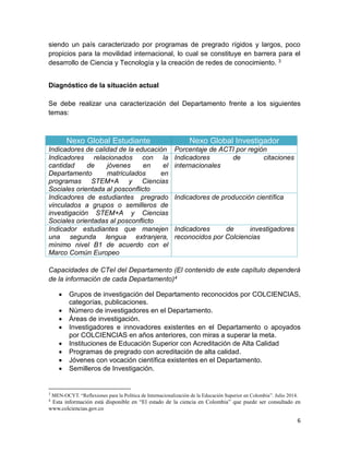 6
siendo un país caracterizado por programas de pregrado rígidos y largos, poco
propicios para la movilidad internacional, lo cual se constituye en barrera para el
desarrollo de Ciencia y Tecnología y la creación de redes de conocimiento. 3
Diagnóstico de la situación actual
Se debe realizar una caracterización del Departamento frente a los siguientes
temas:
Nexo Global Estudiante Nexo Global Investigador
Indicadores de calidad de la educación Porcentaje de ACTI por región
Indicadores relacionados con la
cantidad de jóvenes en el
Departamento matriculados en
programas STEM+A y Ciencias
Sociales orientada al posconflicto
Indicadores de citaciones
internacionales
Indicadores de estudiantes pregrado
vinculados a grupos o semilleros de
investigación STEM+A y Ciencias
Sociales orientadas al posconflicto
Indicadores de producción científica
Indicador estudiantes que manejen
una segunda lengua extranjera,
mínimo nivel B1 de acuerdo con el
Marco Común Europeo
Indicadores de investigadores
reconocidos por Colciencias
Capacidades de CTeI del Departamento (El contenido de este capítulo dependerá
de la información de cada Departamento)4
 Grupos de investigación del Departamento reconocidos por COLCIENCIAS,
categorías, publicaciones.
 Número de investigadores en el Departamento.
 Áreas de investigación.
 Investigadores e innovadores existentes en el Departamento o apoyados
por COLCIENCIAS en años anteriores, con miras a superar la meta.
 Instituciones de Educación Superior con Acreditación de Alta Calidad
 Programas de pregrado con acreditación de alta calidad.
 Jóvenes con vocación científica existentes en el Departamento.
 Semilleros de Investigación.
3
MEN-OCYT. “Reflexiones para la Política de Internacionalización de la Educación Superior en Colombia”. Julio 2014.
4
Esta información está disponible en “El estado de la ciencia en Colombia” que puede ser consultado en
www.colciencias.gov.co
 
