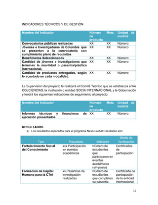 15
INDICADORES TÉCNICOS Y DE GESTIÓN
Nombre del Indicador Número
de
producto
Meta Unidad de
medida
Convocatorias públicas realizadas XX XX Número
Jóvenes e Investigadores de Colombia que
se presentan a la convocatoria con
cumplimiento pleno de requisitos
XX XX Número
Beneficiarios Seleccionados XX XX Número
Cantidad de jóvenes e investigadores que
terminan la movilidad o pasantía/práctica
internacional.
XX XX Número
Cantidad de productos entregados, según
lo acordado en cada modalidad.
XX XX Número
La Supervisión del proyecto la realizará el Comité Técnico que se establezca entre
COLCIENCIAS, la institución o entidad SOCIA INTERNACIONAL y la Gobernación
y tendrá los siguientes indicadores de seguimiento al proyecto:
Nombre del Indicador Número
de
producto
Meta Unidad de
medida
Informes técnicos y financieros de
ejecución presentados
XX XX Número
RESULTADOS
a) Los resultados esperados para el programa Nexo Global Estudiante son:
Tipo Resultado Indicador
Medio de
Verificación
Fortalecimiento Social
del Conocimiento
xxx Participación
en eventos
académicos
Número de
estudiantes
que
participaron en
eventos
académicos
(simposio)
Certificados
de
participación
Formación de Capital
Humano para la CTeI
xx Pasantías de
investigación
realizadas
Número de
estudiantes
que completen
su pasantía
Certificado de
participación
de la entidad
internacional
 