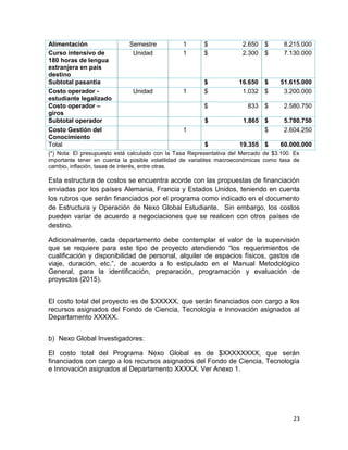 23
Alimentación Semestre 1 $ 2.650 $ 8.215.000
Curso intensivo de
180 horas de lengua
extranjera en país
destino
Unidad 1 $ 2.300 $ 7.130.000
Subtotal pasantía $ 16.650 $ 51.615.000
Costo operador -
estudiante legalizado
Unidad 1 $ 1.032 $ 3.200.000
Costo operador –
giros
$ 833 $ 2.580.750
Subtotal operador $ 1.865 $ 5.780.750
Costo Gestión del
Conocimiento
1 $ 2.604.250
Total $ 19.355 $ 60.000.000
(*) Nota: El presupuesto está calculado con la Tasa Representativa del Mercado de $3.100. Es
importante tener en cuenta la posible volatilidad de variables macroeconómicas como tasa de
cambio, inflación, tasas de interés, entre otras.
Esta estructura de costos se encuentra acorde con las propuestas de financiación
enviadas por los países Alemania, Francia y Estados Unidos, teniendo en cuenta
los rubros que serán financiados por el programa como indicado en el documento
de Estructura y Operación de Nexo Global Estudiante. Sin embargo, los costos
pueden variar de acuerdo a negociaciones que se realicen con otros países de
destino.
Adicionalmente, cada departamento debe contemplar el valor de la supervisión
que se requiere para este tipo de proyecto atendiendo “los requerimientos de
cualificación y disponibilidad de personal, alquiler de espacios físicos, gastos de
viaje, duración, etc.”, de acuerdo a lo estipulado en el Manual Metodológico
General, para la identificación, preparación, programación y evaluación de
proyectos (2015).
El costo total del proyecto es de $XXXXX, que serán financiados con cargo a los
recursos asignados del Fondo de Ciencia, Tecnología e Innovación asignados al
Departamento XXXXX.
b) Nexo Global Investigadores:
El costo total del Programa Nexo Global es de $XXXXXXXX, que serán
financiados con cargo a los recursos asignados del Fondo de Ciencia, Tecnología
e Innovación asignados al Departamento XXXXX. Ver Anexo 1.
 