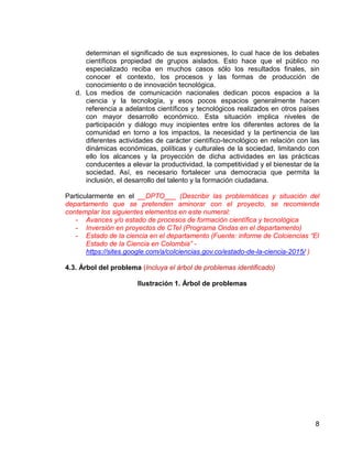 8
determinan el significado de sus expresiones, lo cual hace de los debates
científicos propiedad de grupos aislados. Esto hace que el público no
especializado reciba en muchos casos sólo los resultados finales, sin
conocer el contexto, los procesos y las formas de producción de
conocimiento o de innovación tecnológica.
d. Los medios de comunicación nacionales dedican pocos espacios a la
ciencia y la tecnología, y esos pocos espacios generalmente hacen
referencia a adelantos científicos y tecnológicos realizados en otros países
con mayor desarrollo económico. Esta situación implica niveles de
participación y diálogo muy incipientes entre los diferentes actores de la
comunidad en torno a los impactos, la necesidad y la pertinencia de las
diferentes actividades de carácter científico-tecnológico en relación con las
dinámicas económicas, políticas y culturales de la sociedad, limitando con
ello los alcances y la proyección de dicha actividades en las prácticas
conducentes a elevar la productividad, la competitividad y el bienestar de la
sociedad. Así, es necesario fortalecer una democracia que permita la
inclusión, el desarrollo del talento y la formación ciudadana.
Particularmente en el __DPTO___ (Describir las problemáticas y situación del
departamento que se pretenden aminorar con el proyecto, se recomienda
contemplar los siguientes elementos en este numeral:
- Avances y/o estado de procesos de formación científica y tecnológica
- Inversión en proyectos de CTeI (Programa Ondas en el departamento)
- Estado de la ciencia en el departamento (Fuente: informe de Colciencias “El
Estado de la Ciencia en Colombia” -
https://sites.google.com/a/colciencias.gov.co/estado-de-la-ciencia-2015/ )
4.3. Árbol del problema (Incluya el árbol de problemas identificado)
Ilustración 1. Árbol de problemas
 