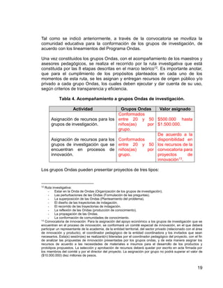 19
Tal como se indicó anteriormente, a través de la convocatoria se moviliza la
comunidad educativa para la conformación de los grupos de investigación, de
acuerdo con los lineamientos del Programa Ondas.
Una vez constituidos los grupos Ondas, con el acompañamiento de los maestros y
asesores pedagógicos, se realiza el recorrido por la ruta investigativa que está
constituida por las 8 etapas descritas en el marco teórico12. Es importante anotar,
que para el cumplimiento de los propósitos planteados en cada uno de los
momentos de esta ruta, se les asignan y entregan recursos de origen público y/o
privado a cada grupo Ondas, los cuales deben ejecutar y dar cuenta de su uso,
según criterios de transparencia y eficiencia.
Tabla 4. Acompañamiento a grupos Ondas de investigación.
Actividad Grupos Ondas Valor asignado
Asignación de recursos para los
grupos de investigación.
Conformados
entre 20 y 50
niños(as) por
grupo.
$500.000 hasta
$1.500.000.
Asignación de recursos para los
grupos de investigación que se
encuentran en procesos de
innovación.
Conformados
entre 20 y 50
niños(as) por
grupo.
De acuerdo a la
disponibilidad en
los recursos de la
convocatoria para
proyectos de
innovación13.
Los grupos Ondas pueden presentar proyectos de tres tipos:
12
Ruta investigativa:
- Estar en la Onda de Ondas (Organización de los grupos de investigación).
- Las perturbaciones de las Ondas (Formulación de las preguntas).
- La superposición de las Ondas (Planteamiento del problema).
- El diseño de las trayectorias de indagación.
- El recorrido de las trayectorias de indagación.
- La reflexión de las Ondas (producción de conocimiento).
- La propagación de las Ondas.
- La conformación de comunidades de conocimiento.
13
Convocatoria de innovación: Para la asignación del apoyo económico a los grupos de investigación que se
encuentran en el proceso de innovación, se conformará un comité especial de innovación, en el que deberá
participar un representante de la academia, de la entidad territorial, del sector privado (relacionado con el área
de innovación y producto), el coordinador pedagógico de la entidad coordinadora y los invitados que sean
necesarios. Esta(s) sesión(es) se realizará(n) lideradas por el coordinador pedagógico del proyecto, con el fin
de analizar las propuestas de innovación presentadas por los grupos ondas, y de esta manera asignar los
recursos de acuerdo a las necesidades de materiales e insumos para el desarrollo de los productos y
prototipos propuestos. La selección y aprobación de recursos deberá quedar por escrito en acta firmada por
los miembros del comité y por el director del proyecto. La asignación por grupo no podrá superar el valor de
($10.000.000) diez millones de pesos.
 