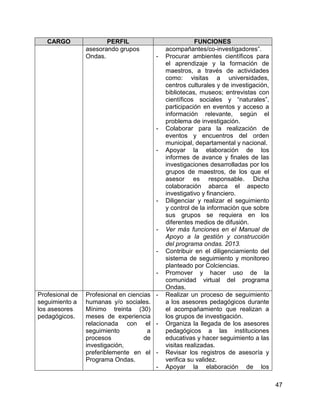 47
CARGO PERFIL FUNCIONES
asesorando grupos
Ondas.
acompañantes/co-investigadores”.
- Procurar ambientes científicos para
el aprendizaje y la formación de
maestros, a través de actividades
como: visitas a universidades,
centros culturales y de investigación,
bibliotecas, museos; entrevistas con
científicos sociales y “naturales”,
participación en eventos y acceso a
información relevante, según el
problema de investigación.
- Colaborar para la realización de
eventos y encuentros del orden
municipal, departamental y nacional.
- Apoyar la elaboración de los
informes de avance y finales de las
investigaciones desarrolladas por los
grupos de maestros, de los que el
asesor es responsable. Dicha
colaboración abarca el aspecto
investigativo y financiero.
- Diligenciar y realizar el seguimiento
y control de la información que sobre
sus grupos se requiera en los
diferentes medios de difusión.
- Ver más funciones en el Manual de
Apoyo a la gestión y construcción
del programa ondas. 2013.
- Contribuir en el diligenciamiento del
sistema de seguimiento y monitoreo
planteado por Colciencias.
- Promover y hacer uso de la
comunidad virtual del programa
Ondas.
Profesional de
seguimiento a
los asesores
pedagógicos.
Profesional en ciencias
humanas y/o sociales.
Mínimo treinta (30)
meses de experiencia
relacionada con el
seguimiento a
procesos de
investigación,
preferiblemente en el
Programa Ondas.
- Realizar un proceso de seguimiento
a los asesores pedagógicos durante
el acompañamiento que realizan a
los grupos de investigación.
- Organiza la llegada de los asesores
pedagógicos a las instituciones
educativas y hacer seguimiento a las
visitas realizadas.
- Revisar los registros de asesoría y
verifica su validez.
- Apoyar la elaboración de los
 