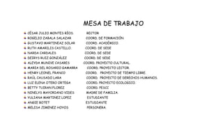 MESA DE TRABAJO
CÉSAR JULIO MONTES RÍOS.     RECTOR
ROGELIO ZABALA SALAZAR       COORD. DE FORMACIÓN
GUSTAVO MARTINEAZ SOLAR      COORD. ACADÉMICO.
RUTH AMARILIS CASTILLO.     COORD. DE SEDE
NARDA CARDALES              COORD. DE SEDE
DEIRYS RUIZ GONZÁLEZ        COORD. DE SEDE
ALEYDA MUNIVE CASARES       COORD. PROYECTO CULTURAL.
MARIA DEL ROSARIO GAMARRA    COORD. PROYECTO LECTOR.
HENRY LEONEL FRANCO          COORD. PROYECTO DE TIEMPO LIBRE.
RAÚL CAUSADO LARA            COORD. PROYECTO DE DERECHOS HUMANOS.
LUZ ELENA OTERO ORTEGA       COORD. PROYECTO ECOLOGICO.
BETTY TUIRAN FLOREZ          COORD. PESCC
NINELYS MAYORIANO VIDES      MADRE DE FAMILIA.
YULIANA MARTINEZ LOPEZ       ESTUDIANTE
ANGIE BOTET                  ESTUDIANTE
MELISA JIMENEZ HOYOS         PERSONERA.
 