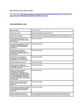Blog diseñado para trabajo escolar.

URL DEL AVA: http://www.facebook.com/pages/TECNOAPRENDIZAJE/309733779044314#!/
pages/TECNOAPRENDIZAJE/309733779044314?v=wall




EVALUACIÓN DEL AVA


 Marca temporal                          12/3/2011 5:07:17

 Nombre de usuario                       gladys.mogollon@unipanamericana.edu.co

 URL del AVA evaluado                    http://www.facebook.com/pages/TECNOAPRENDIZAJE/309733779044314?v=wall

 El AVA refleja organización en la       Nivel 3. Muy acertado
 publicación de contenidos y objetos
 de aprendizaje.

 Los materiales publicados en el AVA     Nivel 3. Muy acertado
 garantizan la implementación del
 currículo a partir de desempeños
 académicos.

 El AVA favorece relaciones              Nivel 3. Muy acertado
 interpersonales básicas entre
 profesores y estudiantes, permite la
 comunicación.

 El AVA favorece relaciones de           Nivel 3. Muy acertado
 las personas con los objetos de
 aprendizaje y entre ellas mismas

 El AVA establece roles claros.          Nivel 3. Muy acertado

 El AVA promueve Objetos de              Nivel 3. Muy acertado
 Aprendizaje OA con indicaciones de
 uso y tareas concretas.

 El AVA considera la selección,          Nivel 3. Muy acertado
 elaboración y disposición
 (accesibilidad y visibilidad) de los
 materiales para el aprendizaje (según
 un modelo pedagógico, teniendo en
 cuenta las diferencias individuales y
 grupales, y adecuados a los intereses
 y necesidades)

 El AVA favorece la publicación de       Nivel 3. Muy acertado
 enlaces externos como videos,
 juegos, etc.

 El AVA permite manejar los mensajes     Nivel 3. Muy acertado
 y la información dentro del espacio
 de tal manera qque se propicie la
 autonomía

 Indique el elemento que más le          Es una excelene propuesta educativa. Me llamó la atención la combinacion de
 llamo la atención del AVA y los OA      medios tecnológicos para suministrar la información, y la selección de la misma.
 