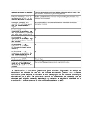 evaluados. Argumente su respuesta.      Todos los temas estuvieron muy bien tratados, presentados de forma amena y bien
                                        documentados. Información muy abundante y didáctica.

Indique el elemento que menos le        Yo diría que todos los temas estuvieron bien presentados y documentados. Y los
llamo la atención del AVA y los OA      ejercicios fueron divertidos.
evaluados. Argumente su respuesta

Exponga su experiencia en el            Mi experiencia fue que un AVA así desarrollado es un excelente recurso para
desarrollo de la actividad propuesta    acompañar una clase.
en el AVA. Indique elementos a
mejorar.

En una escala de 1 a 5 las              5
instrucciones de uso del AVA . [Es
clara la comunicación y el estudiante
sabe qué es lo que se debe hacer?]

En una escala de 1 a 5 las              5
instrucciones de uso del AVA . [Son
claros los tiempos para el desarrollo
de la actividad?]

En una escala de 1 a 5 las              5
instrucciones de uso del AVA .
[Es clara la evidencia que se debe
entregar?]

En una escala de 1 a 5 las              5
instrucciones de uso del AVA . [Es
claro el medio a través del cuál se
debe enviar la evidencia?]

Nombre del autor del AVA                Antonio Reyes

Indicar área académica y objetivo       Qué son las TIC y aspectos generales de seguridad informática.
visible del AVA que usted haya
identificado. En caso de no ser claro
indiquelo.


La Coevaluación y Evaluación planteadas para nuestras propuestas de trabajo en
innovación del empleo de las TIC en labores educativas; plantea una excelente
oportunidad para mejorar y concretar el uso pedagógico de las nuevas tecnologías
informáticas en el aula. Es importante pensar las actividades de acuerdo con los
intereses del usuario (docente, estudiante o invitado), y establecer claridad en la
organización y en la propuesta de interacción planteada en el AVA.
 
