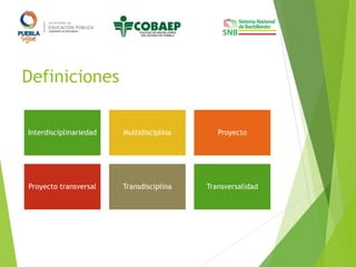 Definiciones
Interdisciplinariedad Multidisciplina Proyecto
Proyecto transversal Transdisciplina Transversalidad
 