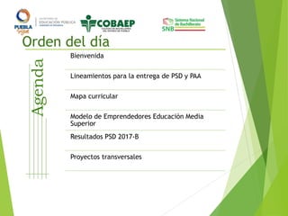 Orden del día
Bienvenida
Lineamientos para la entrega de PSD y PAA
Mapa curricular
Modelo de Emprendedores Educación Media
Superior
Resultados PSD 2017-B
Proyectos transversales
 