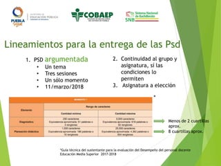 Lineamientos para la entrega de las Psd
Menos de 2 cuartillas
aprox.
8 cuartillas aprox.
1. PSD argumentada
• Un tema
• Tres sesiones
• Un sólo momento
• 11/marzo/2018
2. Continuidad al grupo y
asignatura, sí las
condiciones lo
permiten
3. Asignatura a elección
*Guía técnica del sustentante para la evaluación del Desempeño del personal docente
Educación Media Superior 2017-2018
*
 