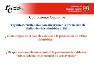 Componente Operativo
Preguntas Orientadoras para incorporar la promoción de
Estilos de vida saludables al P.E.I
¿ Cómo responde el plan de estudios a la promoción de estilos
Saludables?
¿ De que manera está incorporado la promoción de estilos de
Vida saludables en el manual de convivencia?
 