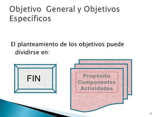 El planteamiento de los objetivos puede dividirse en: FIN 