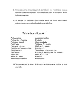 Tabla de Unificación
Prof.Angélica Agradecimientos
Prof.Javier y Norbey Portada
Prof.Juan Ángel Contraportada
Prof.Paola Tabla de Contenido
Prof.José y Jorge Unificación previa
Prof.María Eugenia e Ivon Introducción
Prof.Robinson Tecnología y herramientas
Prof.Walter Estrategia, descripción del proceso
Prof.Paulo Unificación total
Prof.Cruz Elena Revisión
Ing. Paulo César Guerrero Publicación
11.Todos enviamos al correo de la persona encargada de unificar la tarea
asignada.
 