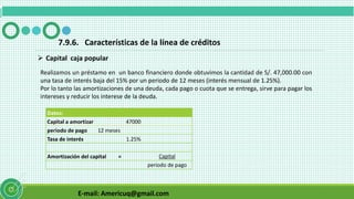 E-mail: Americuq@gmail.com
7.9.6. Características de la línea de créditos
 Capital caja popular
Realizamos un préstamo en un banco financiero donde obtuvimos la cantidad de S/. 47,000.00 con
una tasa de interés baja del 15% por un periodo de 12 meses (interés mensual de 1.25%).
Por lo tanto las amortizaciones de una deuda, cada pago o cuota que se entrega, sirve para pagar los
intereses y reducir los interese de la deuda.
Datos:
Capital a amortizar 47000
periodo de pago 12 meses
Tasa de interés 1.25%
Amortización del capital = Capital
periodo de pago
 