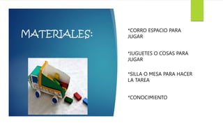 MATERIALES: *CORRO ESPACIO PARA 
JUGAR 
*JUGUETES O COSAS PARA 
JUGAR 
*SILLA O MESA PARA HACER 
LA TAREA 
*CONOCIMIENTO 
 