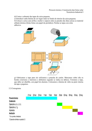 Proxecto técnico: Construción dun forno solar
                                                                                             Tecnoloxía Industrial I

             d) Cortar o sobrante das tapas da caixa pequena.
             e) Introducir unha lámina de cor negro mate no fondo do interior da caixa pequena.
             f) Colocar a caixa cara arriba e encher o espacio entre as paredes das dúas caixas co material
             aillante térmico (bolas feitas con papel de periódico). Pechar as tapas con cinta
             adhesiva.




             g) Fabricamos a tapa para elo utilizamos a prancha de cartón. Marcamos sobre ella os
             bordos exteriores e interiores e dobramos segundo se indica no debuxo. Forramos a tapa,
             que debe ser abatible, con papel de alumnio. Colocamos a lámina de vidro na parte interna
             da tapa e pegamos.

3.2 Cronograma


                                          21/mar 22/mar 23/mar 11/abr 13/abr 16/abr 25/abr 02/may 09/may 16/may 23/may
Proxecto técnico
Construción
Operacións a, b, c, d (*2)
Operacións e, f, g
Imprevistos
Avaliación                                                                                                     (*1)
*1 Se o permite a climatoloxía
*2 Operacións definidas no apartado 3.3
 