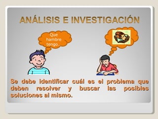 Se debe identificar cuál es el problema que deben resolver y buscar las posibles soluciones al mismo. Que hambre tengo…
