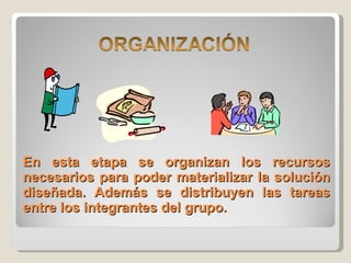 En esta etapa se organizan los recursos necesarios para poder materializar la solución diseñada. Además se distribuyen las tareas entre los integrantes del grupo. 