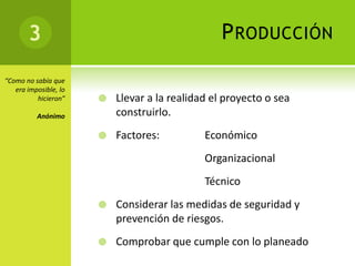 3                                          P RODUCCIÓN

“Como no sabía que
   era imposible, lo
          hicieron”       Llevar a la realidad el proyecto o sea
          Anónimo          construirlo.
                          Factores:          Económico
                                              Organizacional
                                              Técnico
                          Considerar las medidas de seguridad y
                           prevención de riesgos.
                          Comprobar que cumple con lo planeado
 