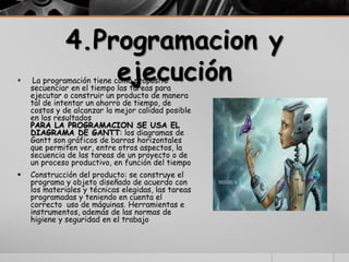 4.Programacion y
ejecución La programación tiene como propósito
secuenciar en el tiempo las tareas para
ejecutar o construir un producto de manera
tal de intentar un ahorro de tiempo, de
costos y de alcanzar la mejor calidad posible
en los resultados
PARA LA PROGRAMACION SE USA EL
DIAGRAMA DE GANTT: los diagramas de
Gantt son gráficos de barras horizontales
que permiten ver, entre otros aspectos, la
secuencia de las tareas de un proyecto o de
un proceso productivo, en función del tiempo
 Construcción del producto: se construye el
programa y objeto diseñado de acuerdo con
los materiales y técnicas elegidas, las tareas
programadas y teniendo en cuenta el
correcto uso de máquinas. Herramientas e
instrumentos, además de las normas de
higiene y seguridad en el trabajo
 