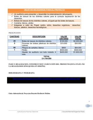 LydiaAcosta Huertas Docente | EscuelaNormal SuperiorPasto
6
http://entecno01.blogspot.com.co/2011/10/problemas-tecnologicos-y-medio-ambiente.html
OBJETOS NECESARIOS PARA EL PROYECTO
 Un auditorio para presentar y desarrollar la sistematización del proyecto.
 Botes de basura de los distintos colores para la correcta separación de los
desechos.
 Bolsas de basura de los distintos colores, al igual que los botes de basura.
 Cartulina blanca, plotter.
 Imágenes a color de: Papel, cartón, vidrio, desechos orgánicos, desechos
tóxicos, plástico, desechos tecnológicos.
PRESUPUESTO
CANTIDAD DESCRIPCION VALOR
UNITARIO
VALOR
TOTAL
20 Botes de basura de distintos colores. $100.000 $2.000.000
2 Docenas de bolsas plásticas de distintos
colores.
$15.000 $30.000
80 Pliegos de cartulina blanca $800 $64.000
1 Plotter. $500.000 $500.000
Alquiler de auditorio con todo incluido. 4
días.
$400.000 $1.600.000
TOTAL
$ 4.194.000
PASO 5: REALIZACION, CONSTRUCCION Y EJECUCIÓN DEL PROYECTO (ESTA ETAPA NO
LA REALIZAMOS SINO QUEDA EN DISEÑO)
BIBLIOGRAFIA Y WEBGRAFIA
Guía elaboración de Proyectos Docente Heriberto Molina
 