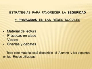 ESTRATEGIAS PARA FAVORECER LA SEGURIDAD

Y PRIVACIDAD EN LAS REDES SOCIALES

-

Material de lectura
Prácticas en clase
Videos
Charlas y debates

Todo este material está disponible al Alumno y los docentes
en las Redes utilizadas.

 