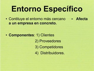Entorno Específico
●

●

Contituye el entorno más cercano
a un empresa en concreto.
Componentes: 1) Clientes
2) Proveedores
3) Competidores
4) Distribuidores.

Afecta

 
