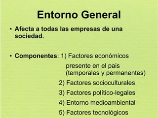 Entorno General
●

●

Afecta a todas las empresas de una
sociedad.
Componentes: 1) Factores económicos
presente en el pais
(temporales y permanentes)
2) Factores socioculturales
3) Factores político-legales
4) Entorno medioambiental
5) Factores tecnológicos

 