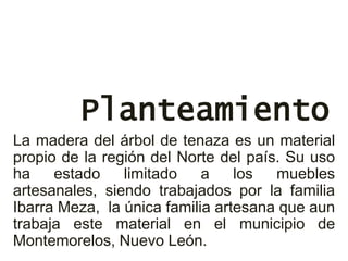 Planteamiento
La madera del árbol de tenaza es un material
propio de la región del Norte del país. Su uso
ha estado limitado a los muebles
artesanales, siendo trabajados por la familia
Ibarra Meza, la única familia artesana que aun
trabaja este material en el municipio de
Montemorelos, Nuevo León.
 