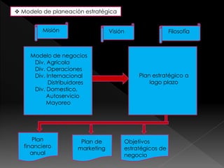  Modelo de planeación estratégica 
Misión Visión Filosofía 
Modelo de negocios 
Div. Agrícola 
Div. Operaciones 
Div. Internacional 
Distribuidores 
Div. Domestico, 
Autoservicio 
Mayoreo 
Plan estratégico a 
lago plazo 
Plan 
financiero 
anual 
Plan de 
marketing 
Objetivos 
estratégicos de 
negocio 
 