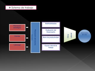  Sistema de trabajo 
Planeación 
estratégica 
Clientes 
Liderazgo 
Planeación del recurso 
Humano 
Multihabilidades 
Evaluación del 
Desempeño 
Bono de productividad 
Equipo natural de 
trabajo 
Clima 
Laboral 
Generación 
del valor 
 