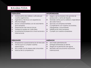 Análisis FODA 
FORTALEZAS OPORTUNIDADES 
 Materia prima de calidad, cultivada por 
nuestros agrónomos. 
 Ingenieros y técnicos con experiencia 
 Alta tecnología 
 Socios comprometidos con el crecimiento 
de la empresa 
 Presentación de marcas únicas 
 Trabajo en equipo en cada área. 
 Incrementar la presencia a nivel nacional e 
internacional. 
 Llegar a ser la empresa más grande de 
producción y venta de tequila. 
 Grandes ventas por la calidad y originalidad 
de cada marca. 
 Que sea una empresa rentable 
 Cumplimiento con nuestros accionistas, 
trabajadores, consumidores. 
 Solidificación de la empresa 
 Cumplir con nuestros acreedores 
DEBILIDADES AMENAZAS 
 Empezamos a posicionarnos en el mercado 
 Ventas que no cumplan nuestras 
expectativas 
 No cumplir con los deseos del consumidor 
 Marcas de la competencia 
 Una mala administración 
 Entregas retardadas al cliente. 
 Plagas en la plantación de agave 
 Recesión de la economía nacional e 
internacional. 
 