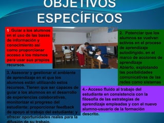 OBJETIVOS ESPECÍFICOS1. Guiar a los alumnos en el uso de las bases de información y conocimiento así como proporcionar acceso a los mismos para usar sus propios recursos.2.  Potenciar que los alumnos se vuelvan activos en el proceso de aprendizaje autodirigido, en el marco de acciones de aprendizajeAbierto, explotando las posibilidades comunicativas de las redes como sistemas de acceso a recursos de aprendizaje3. Asesorar y gestionar el ambiente de aprendizaje en el que los alumnos están utilizando estos recursos. Tienen que ser capaces de guiar a los alumnos en el desarrollo de experiencias colaborativas, monitorizar el progreso del estudiante; proporcionar feedback de apoyo al trabajo del estudiante; y ofrecer oportunidades reales para la difusión de su trabajo.4.- Acceso fluido al trabajo del estudiante en consistencia con la filosofía de las estrategias de aprendizaje empleadas y con el nuevo alumno-usuario de la formación descrito.