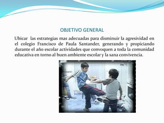 OBJETIVOS ESPECIFICOSAbrir un espacio al iniciar el año escolar para que alumnos, profesores y padres de familia realicen talleres de estudio del manual de convivencia y propuestas para mejorarlo.Implementar una ayuda multimedial como medio didáctico para la enseñanza de los valores consignados en el manual de convivencia de la institución.Generar estrategias  que permitan rescatar algunos  valores de comportamiento y actitudes como responsabilidad, amor, respeto, honestidad, tolerancia con el fin de mejorar las relaciones interpersonales e intrafamiliares que redunden en una sana convivencia escolar.Incentivar al manejo de los conflictos buscando la negociación pacifica y el mayor bienestar posible para las partes.