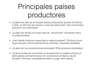 Principales países
           productores
• ¿Cuáles han sido los principales países productores durante los últimos
  5 años, en términos de volumen y área de producción? (No confounding
  productor con exportador)

• ¿Cuáles han tenido una mayor tasa de crecimiento? (Expansión tierra
  vs productividad)

• ¿Han habido incentivos especiales en algunos países? (Políticas micro/
  macro de país, disminución/aumento aranceles, impuestos prediales)

• ¿Cuáles son sus características principales? (País-producto-variedades)

• ¿Cuál es la tasa de crecimiento en la producción en países vecinos y/o
  otros países Latinoamericanos con condiciones similares a las de
  Ecuador? (Conocer competidores reales y juzgar sobre datos)
 