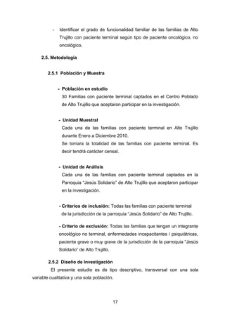 - Identificar el grado de funcionalidad familiar de las familias de Alto
Trujillo con paciente terminal según tipo de paciente oncológico, no
oncológico.
2.5. Metodología
2.5.1 Población y Muestra
- Población en estudio
30 Familias con paciente terminal captados en el Centro Poblado
de Alto Trujillo que aceptaron participar en la investigación.
- Unidad Muestral
Cada una de las familias con paciente terminal en Alto Trujillo
durante Enero a Diciembre 2010.
Se tomara la totalidad de las familias con paciente terminal. Es
decir tendrá carácter censal.
- Unidad de Análisis
Cada una de las familias con paciente terminal captados en la
Parroquia “Jesús Solidario” de Alto Trujillo que aceptaron participar
en la investigación.
- Criterios de inclusión: Todas las familias con paciente terminal
de la jurisdicción de la parroquia “Jesús Solidario” de Alto Trujillo.
- Criterio de exclusión: Todas las familias que tengan un integrante
oncológico no terminal, enfermedades incapacitantes / psiquiátricas,
paciente grave o muy grave de la jurisdicción de la parroquia “Jesús
Solidario” de Alto Trujillo.
2.5.2 Diseño de Investigación
El presente estudio es de tipo descriptivo, transversal con una sola
variable cualitativa y una sola población.
17
 