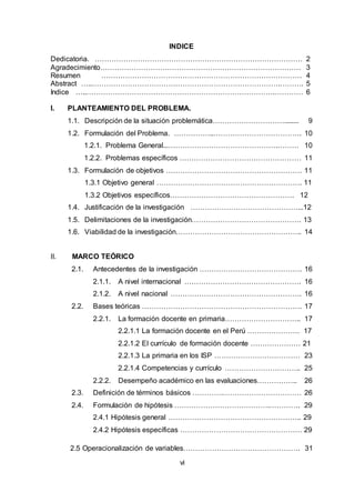 6
INDICE
Dedicatoria. …………………………………………………………………………… 2
Agradecimiento………………………………………………………………………… 3
Resumen ………………………………………………………………………… 4
Abstract …..…………………………………………………………………….………. 5
Indice …..…………………………………………………………………….………… 6
I. PLANTEAMIENTO DEL PROBLEMA.
1.1. Descripción de la situación problemática…………………………........ 9
1.2. Formulación del Problema. ……………..………………………………. 10
1.2.1. Problema General...……………………………………….……… 10
1.2.2. Problemas específicos …………………………………………… 11
1.3. Formulación de objetivos ………………………………………………… 11
1.3.1 Objetivo general ……………………………………………………. 11
1.3.2 Objetivos específicos……………………………………………. 12
1.4. Justificación de la investigación ………………………………………...12
1.5. Delimitaciones de la investigación………………………………………. 13
1.6. Viabilidad de la investigación…………………………………………….. 14
II. MARCO TEÓRICO
2.1. Antecedentes de la investigación ……………………………………. 16
2.1.1. A nivel internacional …………………………………………. 16
2.1.2. A nivel nacional ………………………………………………. 16
2.2. Bases teóricas …………………………………………………………. 17
2.2.1. La formación docente en primaria………………………….. 17
2.2.1.1 La formación docente en el Perú …………………. 17
2.2.1.2 El currículo de formación docente ………………… 21
2.2.1.3 La primaria en los ISP ……………………………… 23
2.2.1.4 Competencias y currículo ………………………….. 25
2.2.2. Desempeño académico en las evaluaciones…………….. 26
2.3. Definición de términos básicos ………….…………………………… 26
2.4. Formulación de hipótesis ………………………………….…………. 29
2.4.1 Hipótesis general ……………………………………………….. 29
2.4.2 Hipótesis específicas …………………………………………… 29
2.5 Operacionalización de variables…………………………………………. 31
vi
 