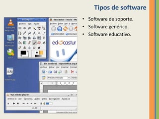 Tipos de software
• Software de soporte.
• Software genérico.
• Software educativo.
 