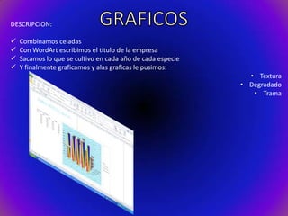 DESCRIPCION:





Combinamos celadas
Con WordArt escribimos el titulo de la empresa
Sacamos lo que se cultivo en cada año de cada especie
Y finalmente graficamos y alas graficas le pusimos:
• Textura
• Degradado
• Trama

 
