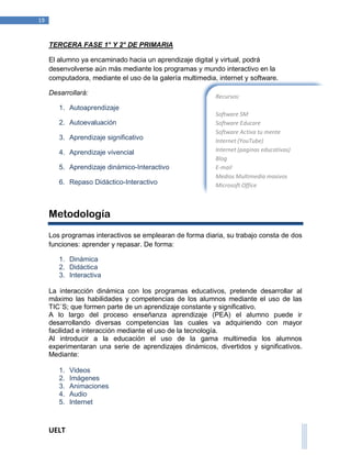 UELT 
19 
TERCERA FASE 1° Y 2° DE PRIMARIA 
El alumno ya encaminado hacia un aprendizaje digital y virtual, podrá 
desenvolverse aún más mediante los programas y mundo interactivo en la 
computadora, mediante el uso de la galería multimedia, internet y software. 
Desarrollará: 
1. Autoaprendizaje 
2. Autoevaluación 
3. Aprendizaje significativo 
4. Aprendizaje vivencial 
5. Aprendizaje dinámico-Interactivo 
6. Repaso Didáctico-Interactivo 
Metodología 
Los programas interactivos se emplearan de forma diaria, su trabajo consta de dos 
funciones: aprender y repasar. De forma: 
1. Dinámica 
2. Didáctica 
3. Interactiva 
La interacción dinámica con los programas educativos, pretende desarrollar al 
máximo las habilidades y competencias de los alumnos mediante el uso de las 
TIC´S; que formen parte de un aprendizaje constante y significativo. 
A lo largo del proceso enseñanza aprendizaje (PEA) el alumno puede ir 
desarrollando diversas competencias las cuales va adquiriendo con mayor 
facilidad e interacción mediante el uso de la tecnología. 
Al introducir a la educación el uso de la gama multimedia los alumnos 
experimentaran una serie de aprendizajes dinámicos, divertidos y significativos. 
Mediante: 
1. Videos 
2. Imágenes 
3. Animaciones 
4. Audio 
5. Internet 
Recursos: 
Software SM 
Software Educare 
Software Activa tu mente 
Internet (YouTube) 
Internet (paginas educativas) 
Blog 
E-mail 
Medios Multimedia masivos 
Microsoft Office 
 