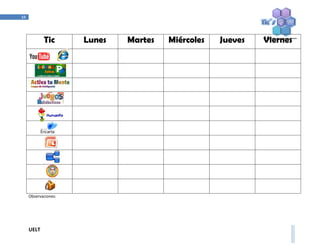UELT 
34 
Tic Lunes Martes Miércoles Jueves Viernes 
Observaciones: 
 