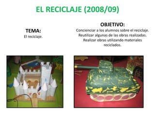 EL RECICLAJE (2008/09)
OBJETIVO:
Concienciar a los alumnos sobre el reciclaje.
Reutilizar algunas de las obras realizadas.
Realizar obras utilizando materiales
reciclados.
TEMA:
El reciclaje.
 