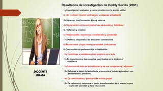 DOCENTE
UGMA
Resultados de investigación de Heddy Sevilla (2001)
1.- Investigador, evaluador y comprometido con la acción social.
2.- Un profesor integral: andragogo, pedagogo actualizado
3.- Honesto, con formación ética y valores
4.- Congruente con los principios tras-personales y holísticos
5.- Reflexivo y creativo
6.- Responsable, respetuoso, considerado y ponderado
7.- Analítico, dispuesto a la discusión constructiva
8.-Asume retos y logra metas personales y educativas
9.-Con sentido de pertenencia a la institución
10.- Contribuye a establecer clima propicio en el aula
11.-Da importancia a los aspectos espirituales en la dinámica
educativa
12.-Crece con el éxito de la institución y de sus compañeros y alumnos
13.- Refuerza la labor del estudiante y gerencia el trabajo educativo con
sentimientos positivos.
14.- Es comunicativo y promueve la acción grupal
15.- Es optimista y reconoce el poder transformador de sí mismo, como
sujeto del proceso y de la educación
 