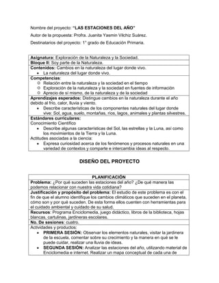 Nombre del proyecto: “LAS ESTACIONES DEL AÑO”
Autor de la propuesta: Profra. Juanita Yasmin Vilchiz Suárez.
Destinatarios del proyecto: 1° grado de Educación Primaria.
Asignatura: Exploración de la Naturaleza y la Sociedad.
Bloque II: Soy parte de la Naturaleza.
Contenidos: Cambios en la naturaleza del lugar donde vivo.
La naturaleza del lugar donde vivo.
Competencias:
 Relación entre la naturaleza y la sociedad en el tiempo
 Exploración de la naturaleza y la sociedad en fuentes de información
 Aprecio de sí mismo, de la naturaleza y de la sociedad
Aprendizajes esperados: Distingue cambios en la naturaleza durante el año
debido al frío, calor, lluvia y viento.
Describe características de los componentes naturales del lugar donde
vive: Sol, agua, suelo, montañas, ríos, lagos, animales y plantas silvestres.
Estándares curriculares:
Conocimiento Científico
Describe algunas características del Sol, las estrellas y la Luna, así como
los movimientos de la Tierra y la Luna.
Actitudes asociadas a la ciencia:
Expresa curiosidad acerca de los fenómenos y procesos naturales en una
variedad de contextos y comparte e intercambia ideas al respecto.
DISEÑO DEL PROYECTO
PLANIFICACIÓN
Problema: ¿Por qué suceden las estaciones del año? ¿De qué manera las
podemos relacionar con nuestra vida cotidiana?
Justificación y propósito del problema: El estudio de este problema es con el
fin de que el alumno identifique los cambios climáticos que suceden en el planeta,
cómo son y por qué suceden. De esta forma ellos cuenten con herramientas para
el cuidado ambiental y cuidado de su salud.
Recursos: Programa Enciclomedia, juego didáctico, libros de la biblioteca, hojas
blancas, cartulinas, jardineras escolares.
No. De sesiones: cuatro.
Actividades y productos:
PRIMERA SESIÓN: Observar los elementos naturales, visitar la jardinera
de la escuela, comentar sobre su crecimiento y la manera en qué se le
puede cuidar, realizar una lluvia de ideas.
SEGUNDA SESIÓN: Analizar las estaciones del año, utilizando material de
Enciclomedia e internet. Realizar un mapa conceptual de cada una de
 